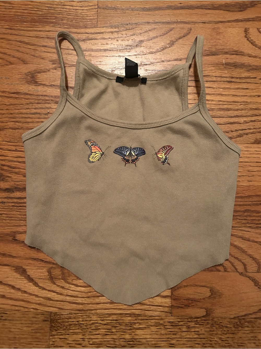 Forever 21 S Ribbed Green/Tan Cotton Y2K Inspired Butterfly Patterned Crop Top